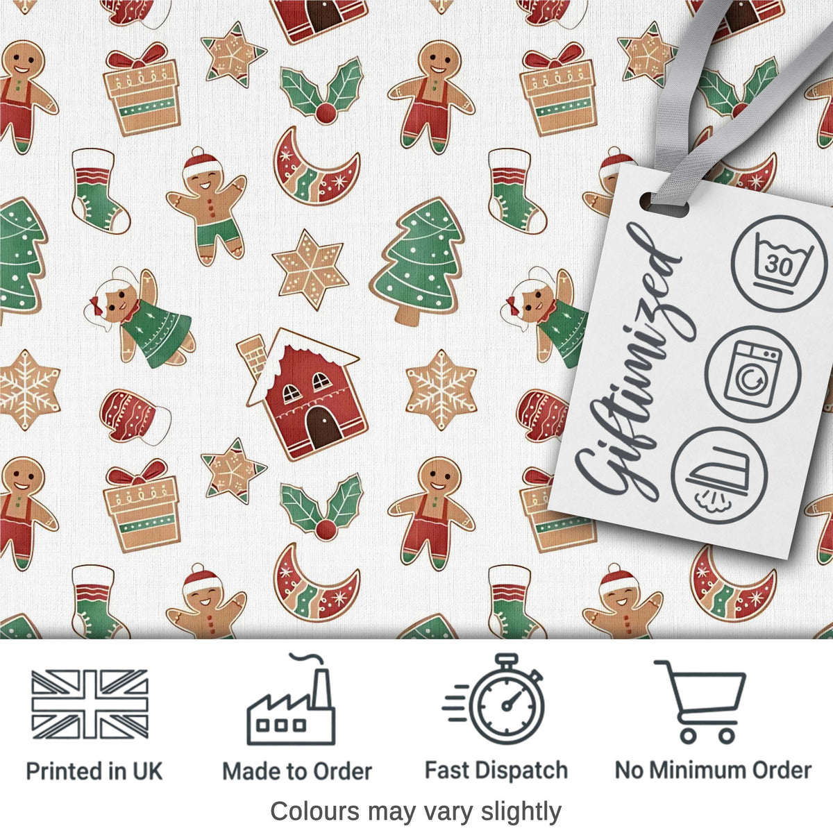 Cute Gingerbread Cookies Stars Tree House Seamless Pattern Digital Print Fabric by the Metre UK Sewing Quilting Textile