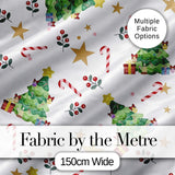 Cute Christmas Tree Candy Cane Stars Gift Seamless Pattern Digital Print Fabric by the Metre UK Sewing Quilting Textile