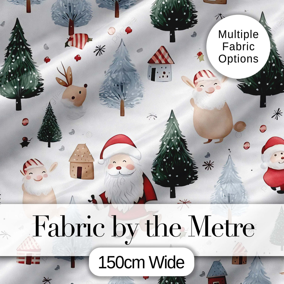 Cute Santa Bunny Winter Forest Trees Seamless Pattern Digital Print Fabric by the Metre UK Sewing Quilting Textile