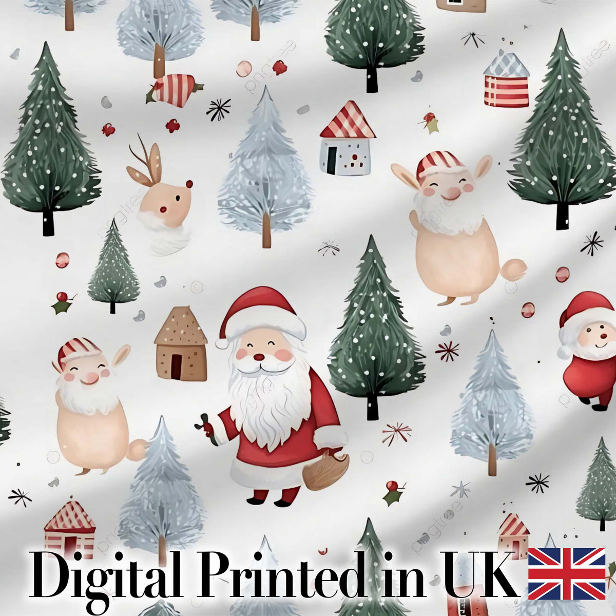 Cute Santa Bunny Winter Forest Trees Seamless Pattern Digital Print Fabric by the Metre UK Sewing Quilting Textile