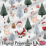 Cute Santa Bunny Winter Forest Trees Seamless Pattern Digital Print Fabric by the Metre UK Sewing Quilting Textile