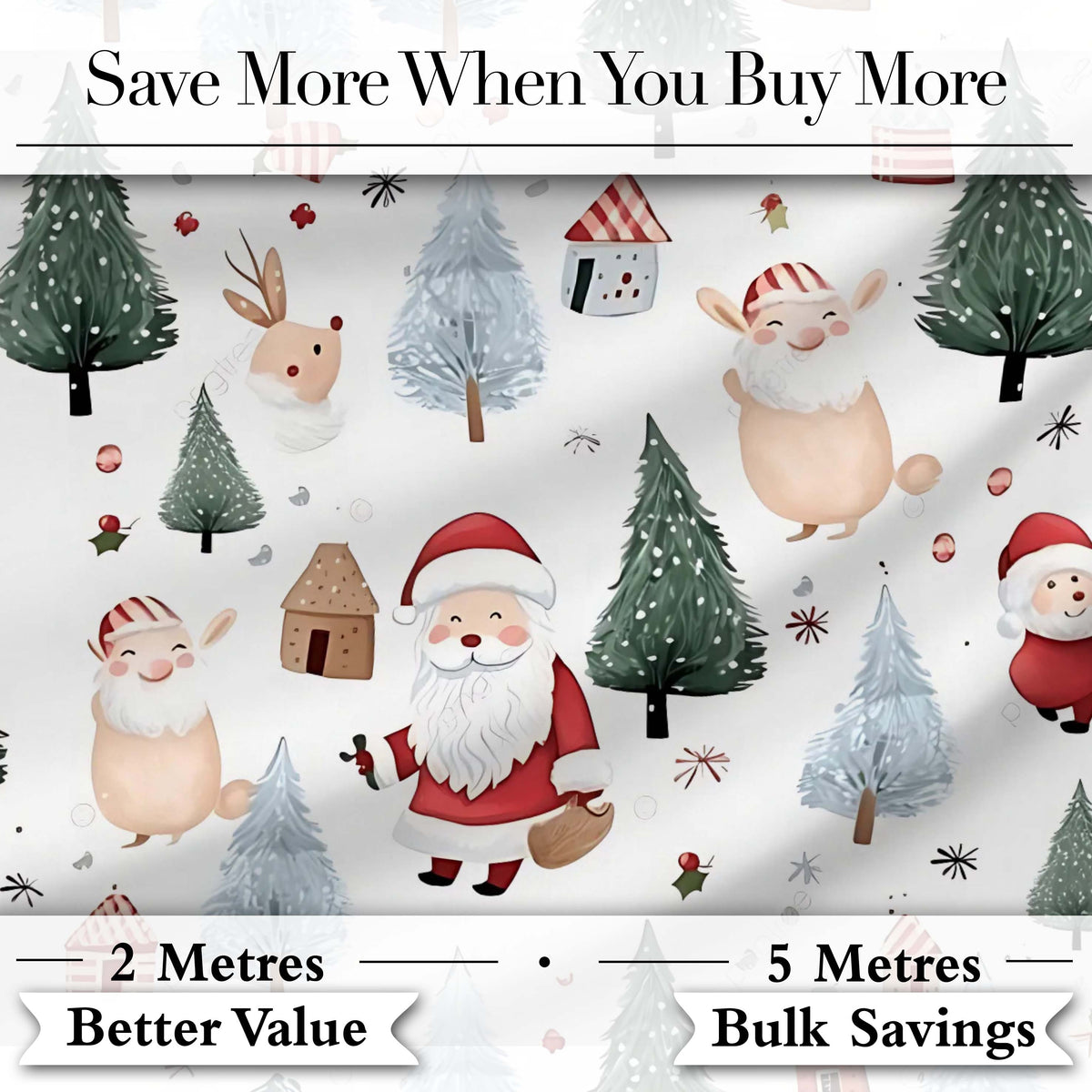 Cute Santa Bunny Winter Forest Trees Seamless Pattern Digital Print Fabric by the Metre UK Sewing Quilting Textile