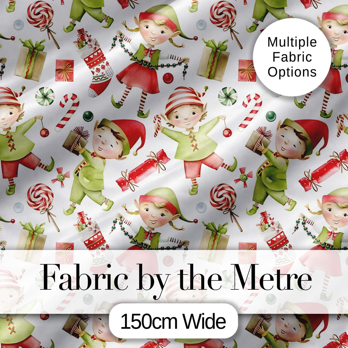 Cute Christmas Elves Candy Cane Gifts Seamless Pattern Digital Print Fabric by the Metre UK Sewing Quilting Textile