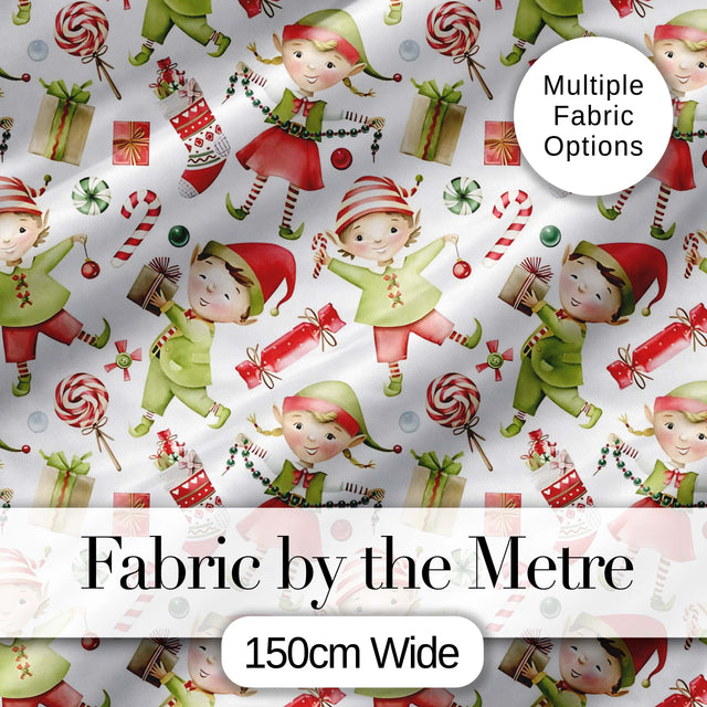 Cute Christmas Elves Candy Cane Gifts Seamless Pattern Digital Print Fabric by the Metre UK Sewing Quilting Textile