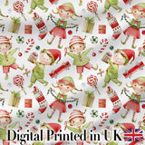 Cute Christmas Elves Candy Cane Gifts Seamless Pattern Digital Print Fabric by the Metre UK Sewing Quilting Textile