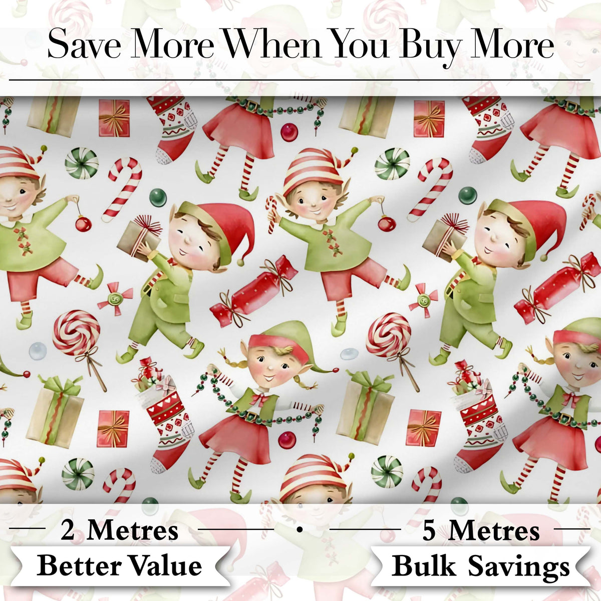 Cute Christmas Elves Candy Cane Gifts Seamless Pattern Digital Print Fabric by the Metre UK Sewing Quilting Textile