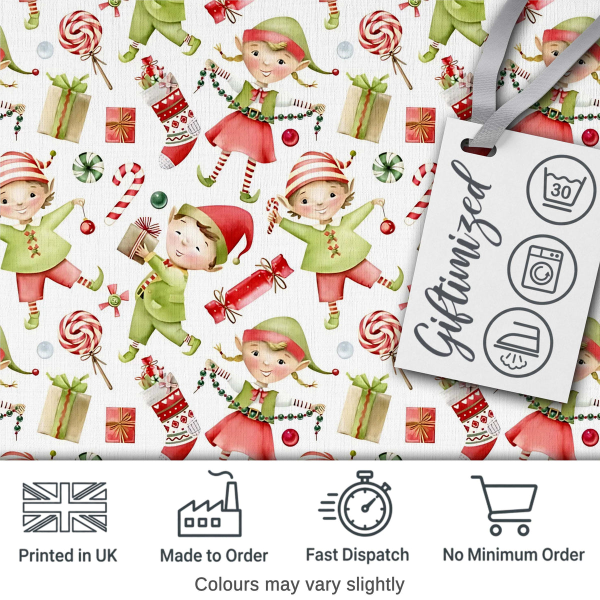 Cute Christmas Elves Candy Cane Gifts Seamless Pattern Digital Print Fabric by the Metre UK Sewing Quilting Textile