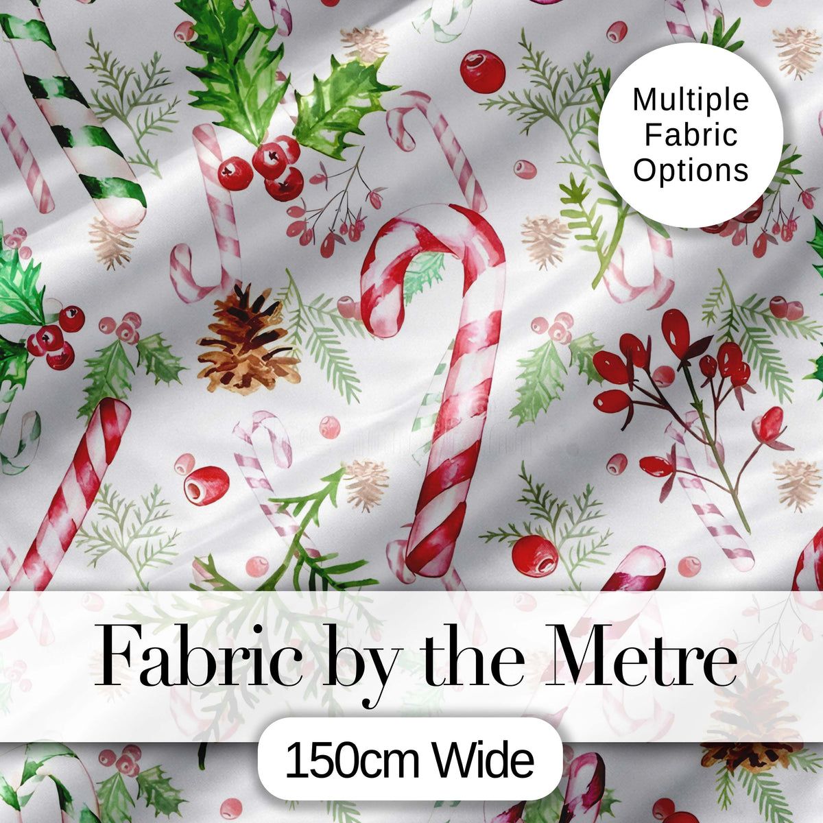 Watercolor Candy Cane Holly Berry Pinecone Christmas Seamless Pattern Digital Print Fabric by the Metre UK Sewing Quilting Textile