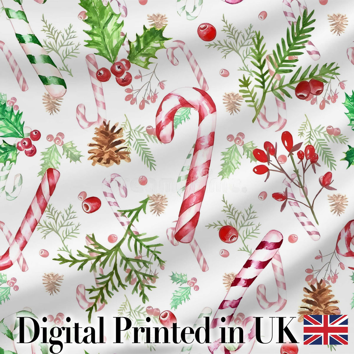 Watercolor Candy Cane Holly Berry Pinecone Christmas Seamless Pattern Digital Print Fabric by the Metre UK Sewing Quilting Textile