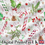 Watercolor Candy Cane Holly Berry Pinecone Christmas Seamless Pattern Digital Print Fabric by the Metre UK Sewing Quilting Textile