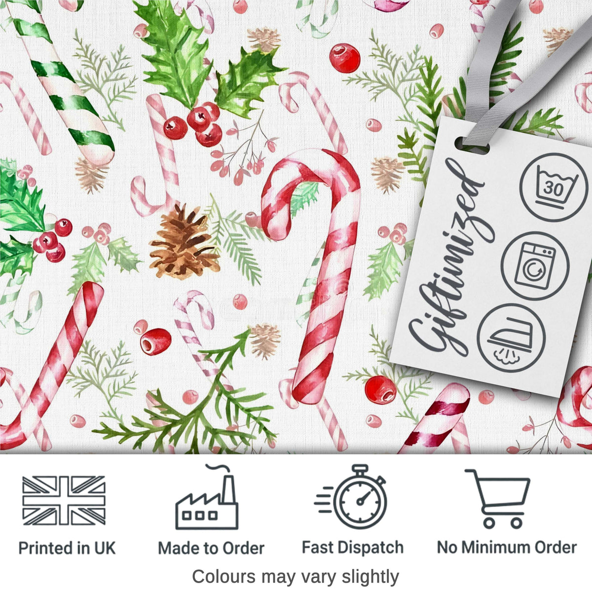 Watercolor Candy Cane Holly Berry Pinecone Christmas Seamless Pattern Digital Print Fabric by the Metre UK Sewing Quilting Textile