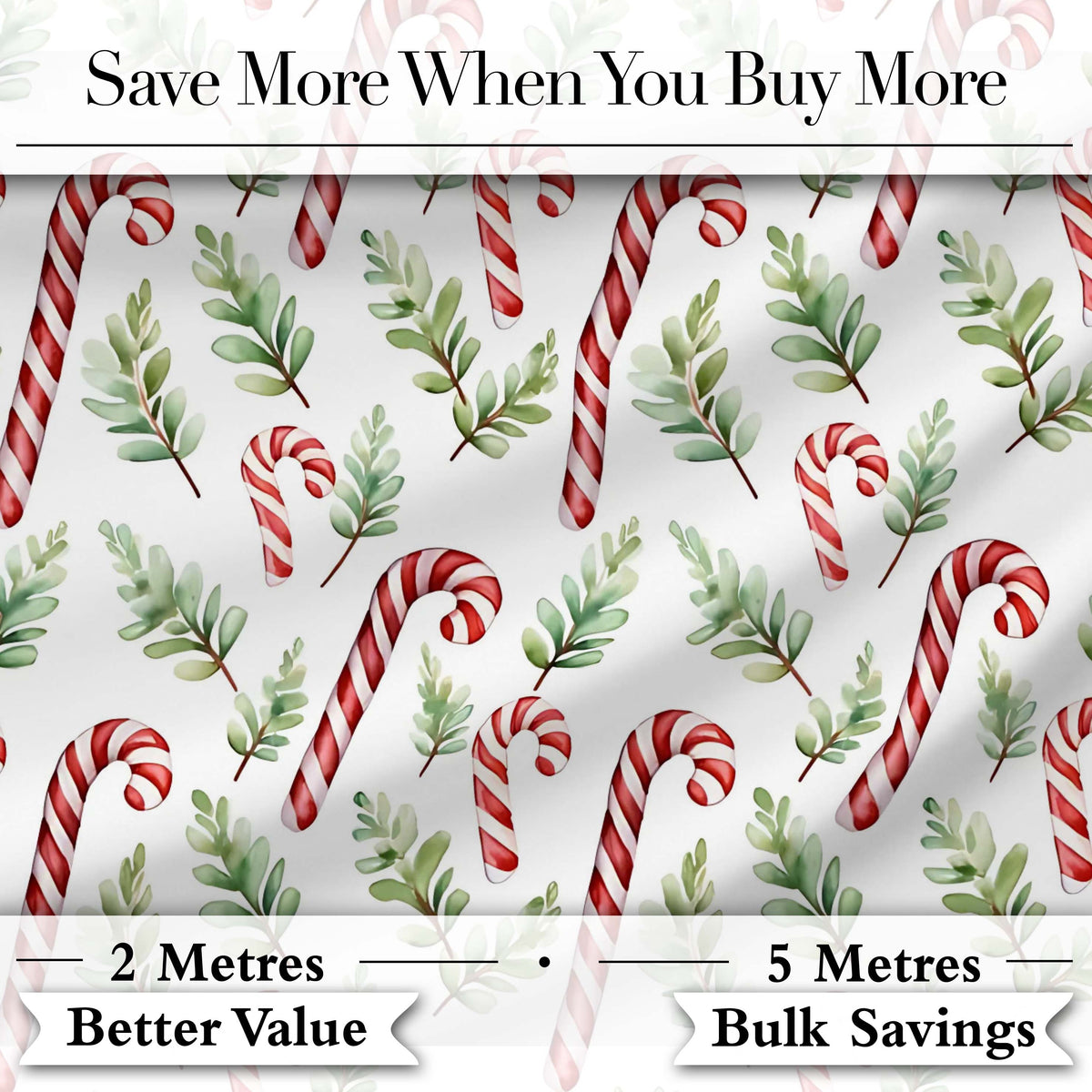 Minimal Candy Cane Leaf Botanical Christmas Seamless Pattern Digital Print Fabric by the Metre UK Sewing Quilting Textile
