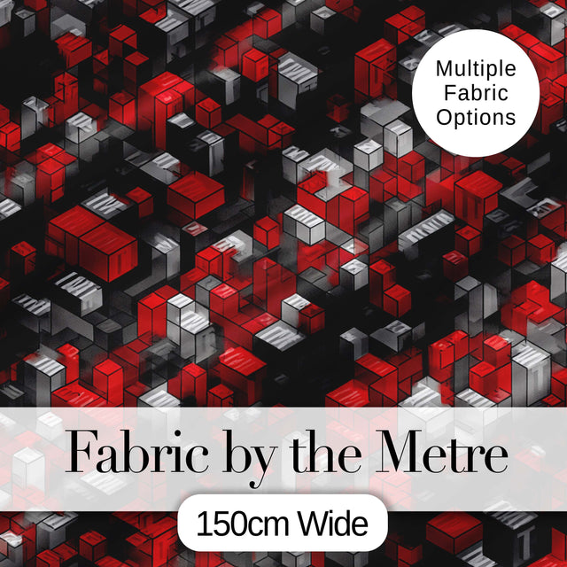 Red Grey Black 3D Cube Abstract Seamless Pattern Digital Print Fabric by the Metre UK Sewing Quilting Textile