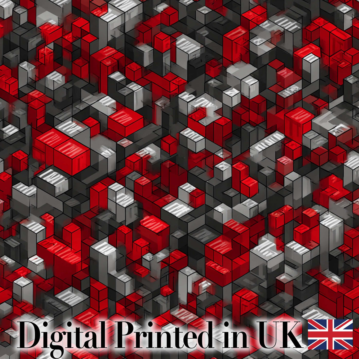 Red Grey Black 3D Cube Abstract Seamless Pattern Digital Print Fabric by the Metre UK Sewing Quilting Textile