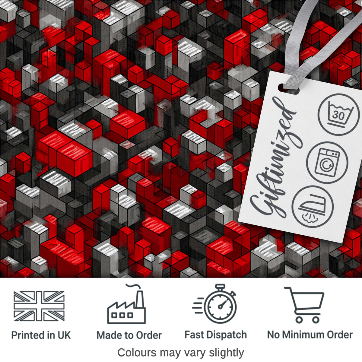 Red Grey Black 3D Cube Abstract Seamless Pattern Digital Print Fabric by the Metre UK Sewing Quilting Textile
