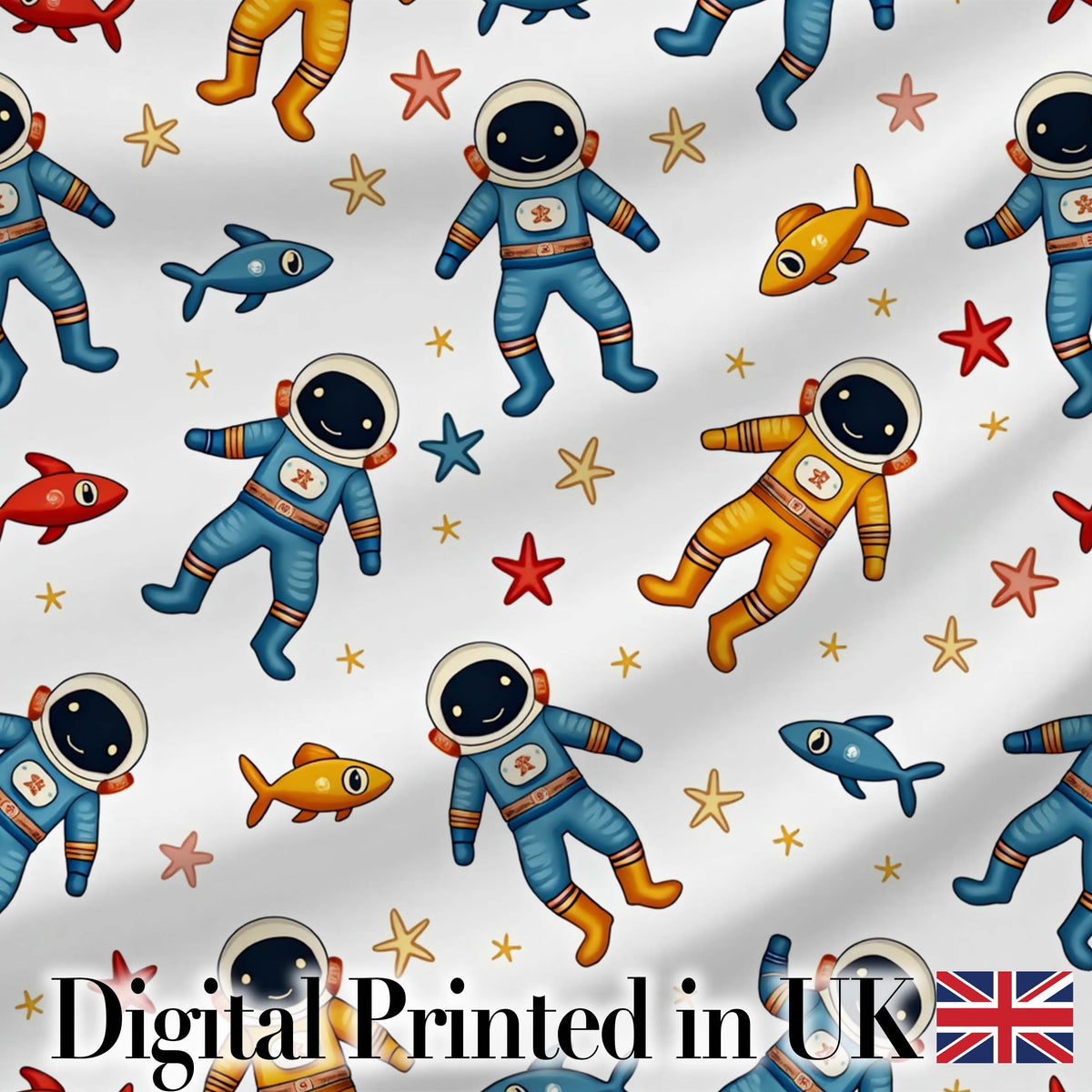 Cute Cartoon Astronaut Space Kids Seamless Pattern Digital Print Fabric by the Metre UK Sewing Quilting Textile