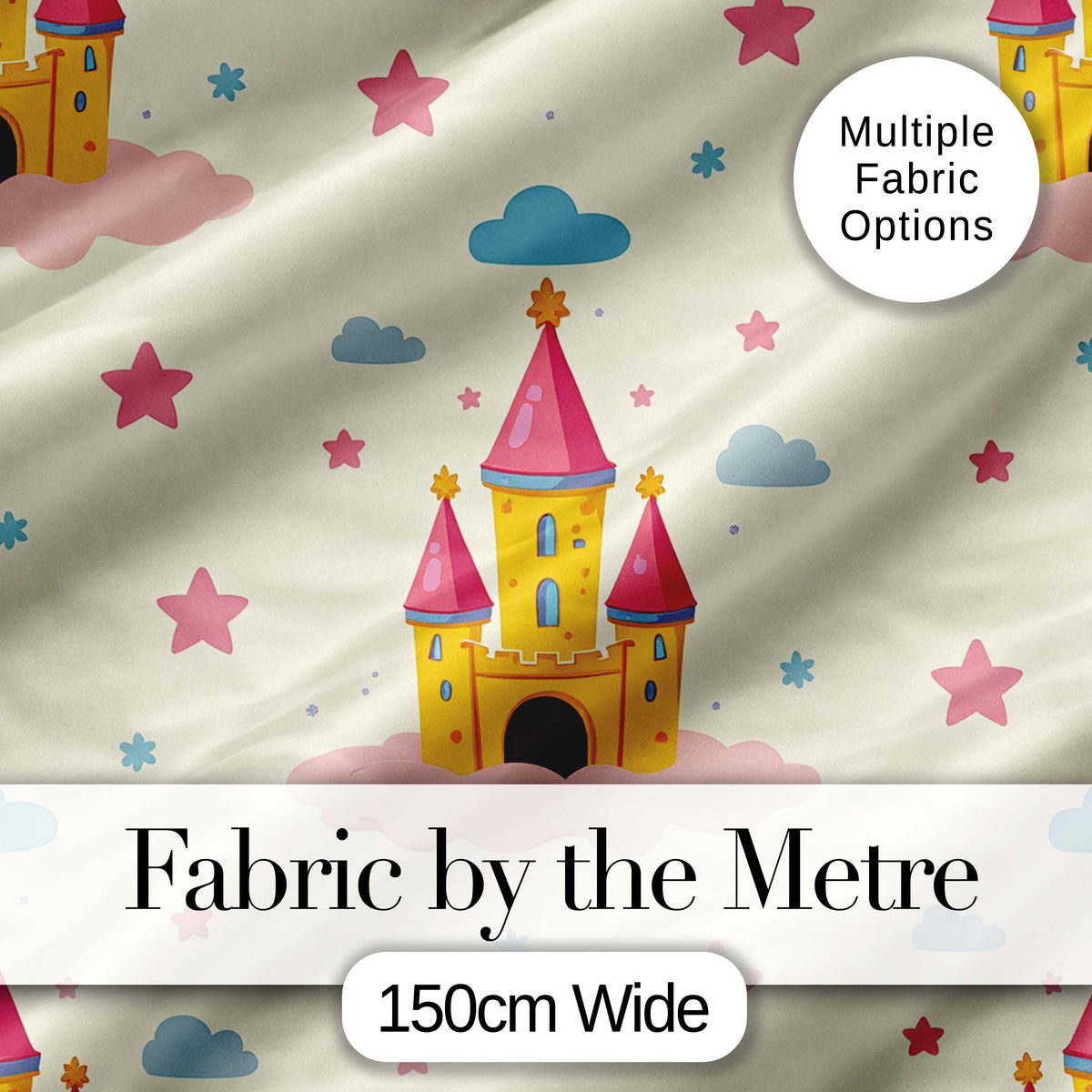 Cute Fantasy Castle Clouds Stars Seamless Pattern Digital Print Fabric by the Metre UK Sewing Quilting Textile