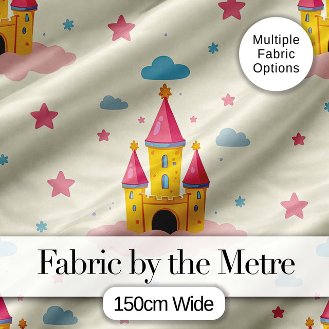 Cute Fantasy Castle Clouds Stars Seamless Pattern Digital Print Fabric by the Metre UK Sewing Quilting Textile