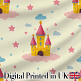 Cute Fantasy Castle Clouds Stars Seamless Pattern Digital Print Fabric by the Metre UK Sewing Quilting Textile