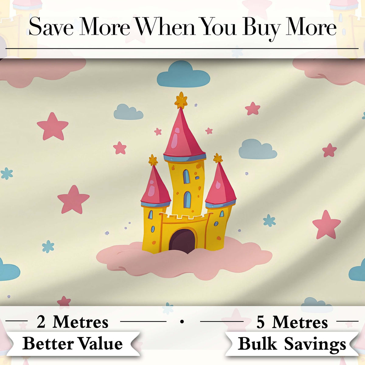 Cute Fantasy Castle Clouds Stars Seamless Pattern Digital Print Fabric by the Metre UK Sewing Quilting Textile