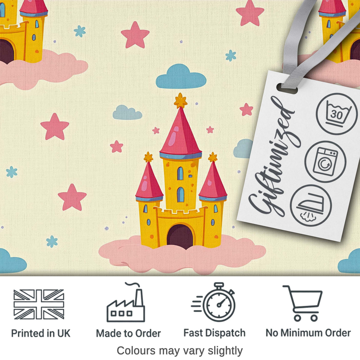 Cute Fantasy Castle Clouds Stars Seamless Pattern Digital Print Fabric by the Metre UK Sewing Quilting Textile