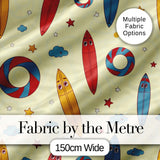 Cute Surfboards Lifebuoys Clouds and Stars Fun Summer Beach Seamless Pattern Digital Print Fabric by the Metre UK Sewing Quilting Textile