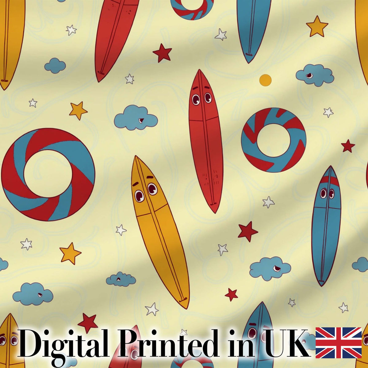 Cute Surfboards Lifebuoys Clouds and Stars Fun Summer Beach Seamless Pattern Digital Print Fabric by the Metre UK Sewing Quilting Textile