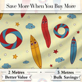 Cute Surfboards Lifebuoys Clouds and Stars Fun Summer Beach Seamless Pattern Digital Print Fabric by the Metre UK Sewing Quilting Textile