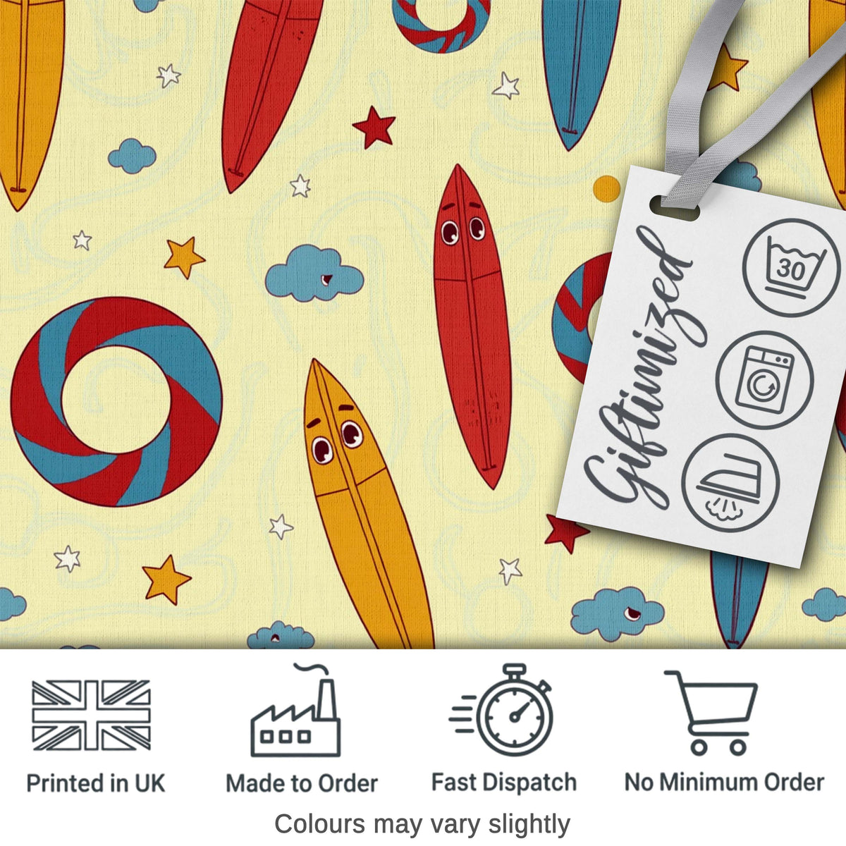 Cute Surfboards Lifebuoys Clouds and Stars Fun Summer Beach Seamless Pattern Digital Print Fabric by the Metre UK Sewing Quilting Textile