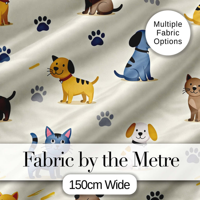 Cute Dogs and Cats with Paw Prints Playful Pet Seamless Pattern Digital Print Fabric by the Metre UK Sewing Quilting Textile