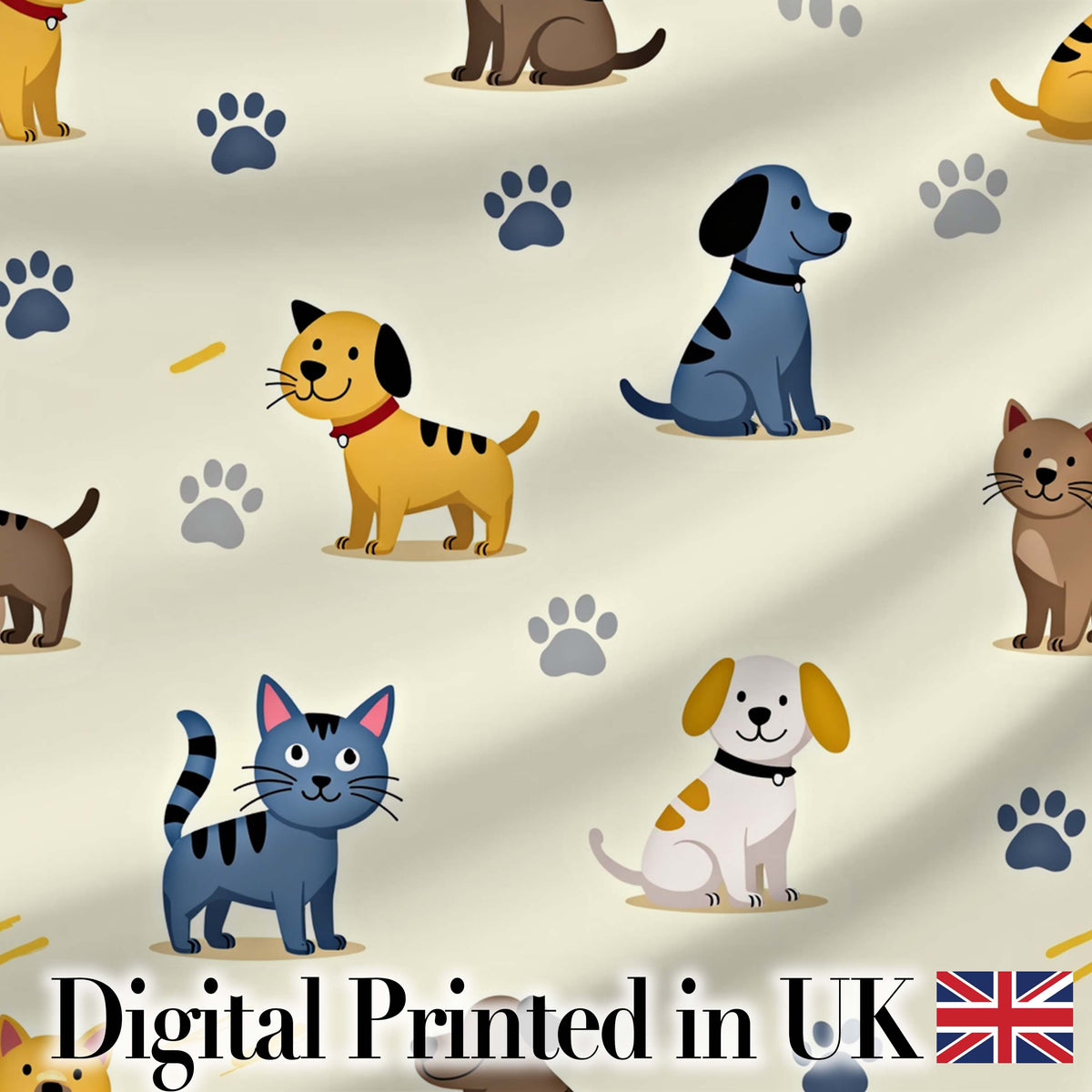 Cute Dogs and Cats with Paw Prints Playful Pet Seamless Pattern Digital Print Fabric by the Metre UK Sewing Quilting Textile