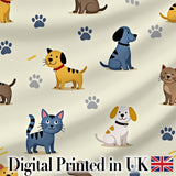 Cute Dogs and Cats with Paw Prints Playful Pet Seamless Pattern Digital Print Fabric by the Metre UK Sewing Quilting Textile