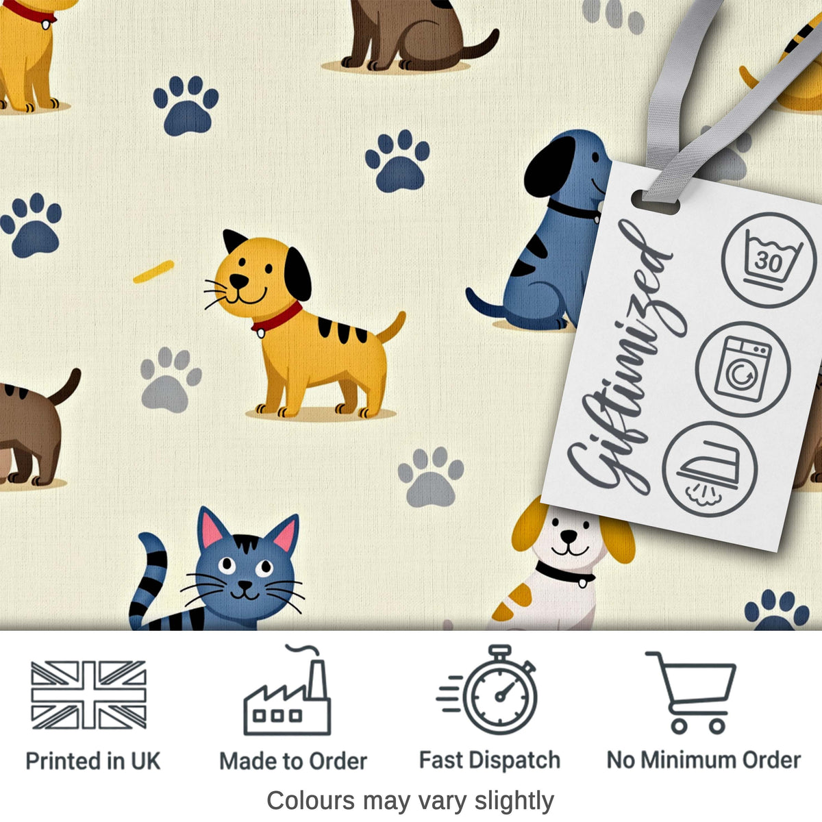 Cute Dogs and Cats with Paw Prints Playful Pet Seamless Pattern Digital Print Fabric by the Metre UK Sewing Quilting Textile