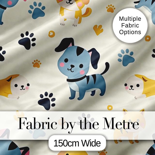 Cute Cartoon Puppies and Paw Prints Kawaii Style Seamless Pattern Digital Print Fabric by the Metre UK Sewing Quilting Textile