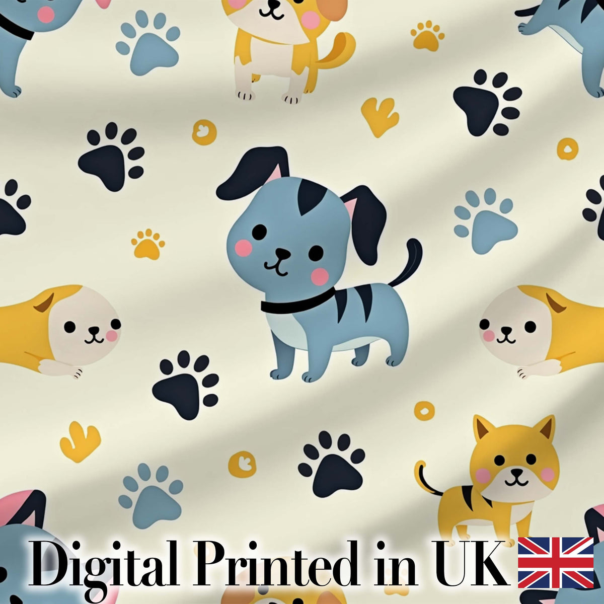 Cute Cartoon Puppies and Paw Prints Kawaii Style Seamless Pattern Digital Print Fabric by the Metre UK Sewing Quilting Textile