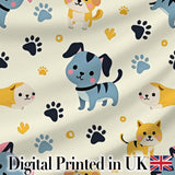 Cute Cartoon Puppies and Paw Prints Kawaii Style Seamless Pattern Digital Print Fabric by the Metre UK Sewing Quilting Textile