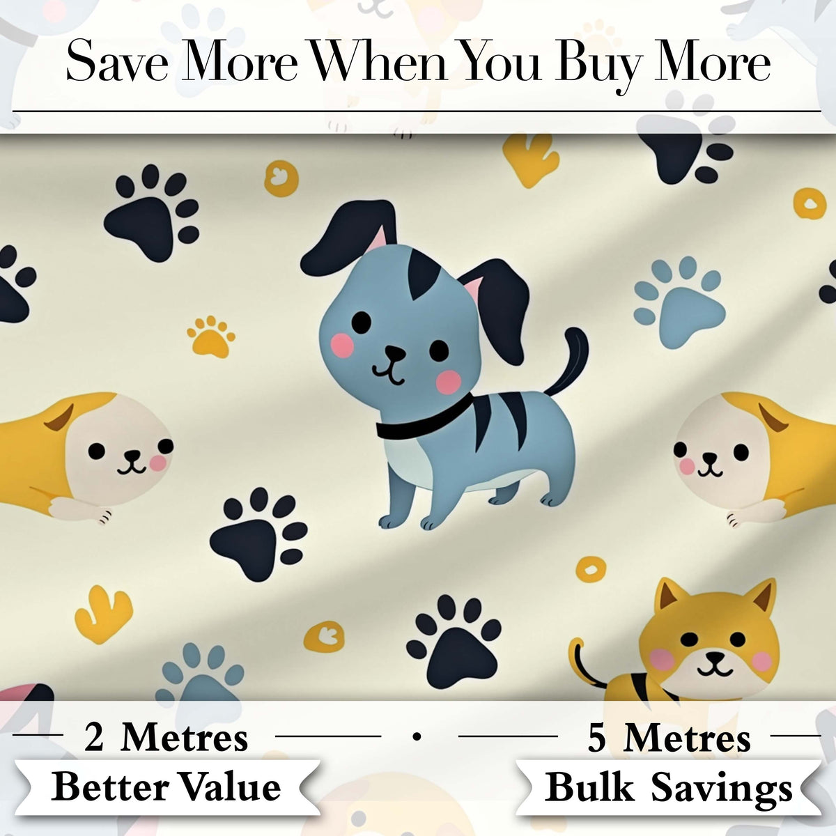 Cute Cartoon Puppies and Paw Prints Kawaii Style Seamless Pattern Digital Print Fabric by the Metre UK Sewing Quilting Textile