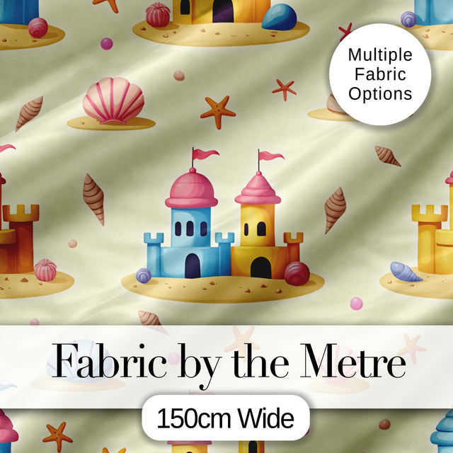 Cute Sandcastles Seashells and Starfish Beach Theme Seamless Pattern Digital Print Fabric by the Metre UK Sewing Quilting Textile