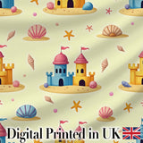 Cute Sandcastles Seashells and Starfish Beach Theme Seamless Pattern Digital Print Fabric by the Metre UK Sewing Quilting Textile