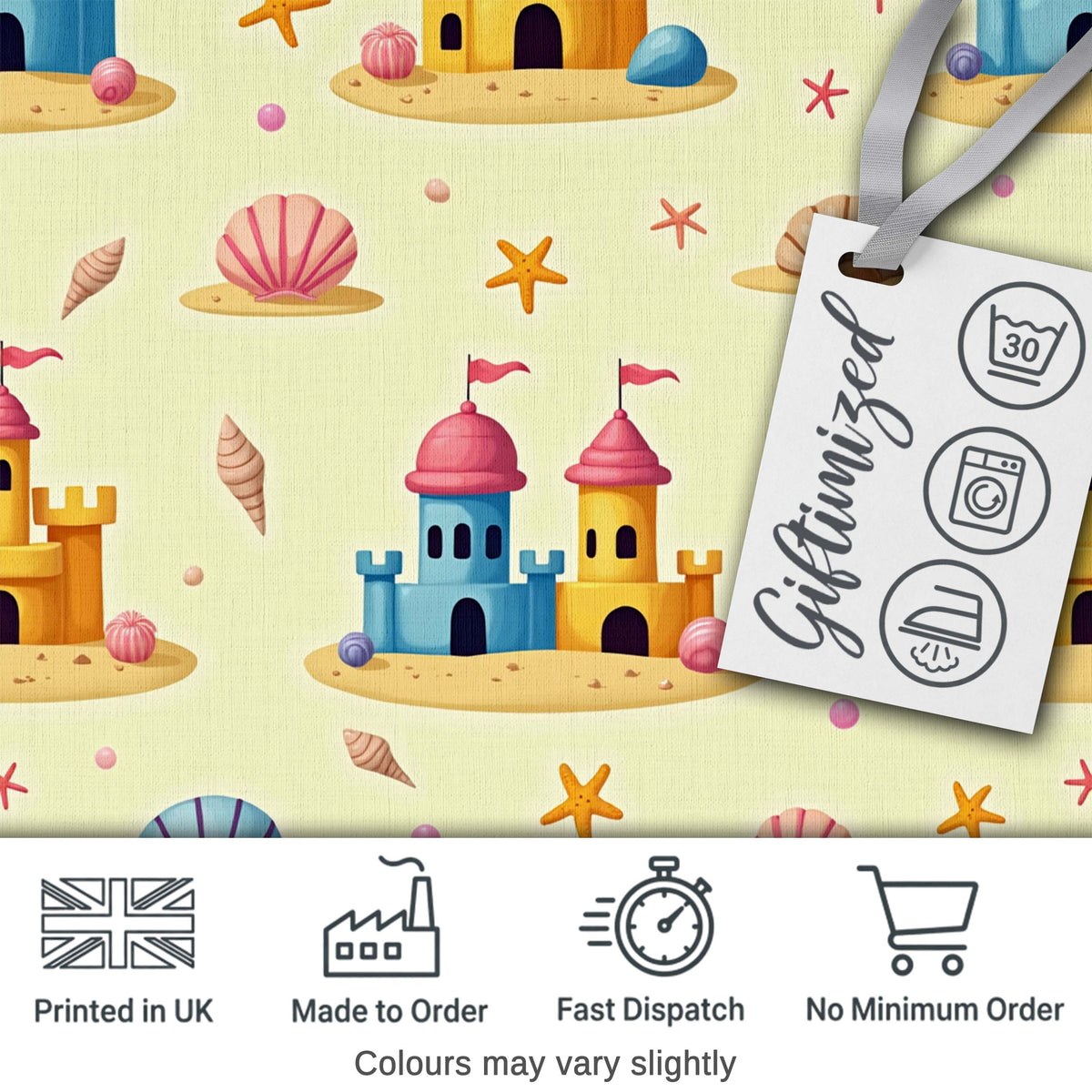 Cute Sandcastles Seashells and Starfish Beach Theme Seamless Pattern Digital Print Fabric by the Metre UK Sewing Quilting Textile