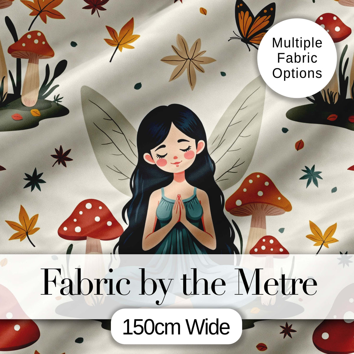 Cute Fairy with Mushrooms Butterflies Autumn Leaves Seamless Pattern Digital Print Fabric by the Metre UK Sewing Quilting Textile