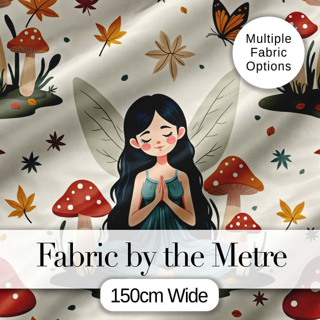 Cute Fairy with Mushrooms Butterflies Autumn Leaves Seamless Pattern Digital Print Fabric by the Metre UK Sewing Quilting Textile