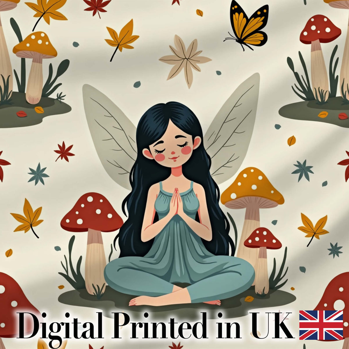 Cute Fairy with Mushrooms Butterflies Autumn Leaves Seamless Pattern Digital Print Fabric by the Metre UK Sewing Quilting Textile