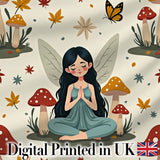 Cute Fairy with Mushrooms Butterflies Autumn Leaves Seamless Pattern Digital Print Fabric by the Metre UK Sewing Quilting Textile