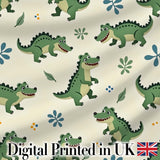 Cute Cartoon Crocodiles Jungle Leaves Playful Animal Seamless Pattern Digital Print Fabric by the Metre UK Sewing Quilting Textile