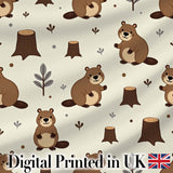 Cute Beavers Forest Trees Woodland Animals Seamless Pattern Digital Print Fabric by the Metre UK Sewing Quilting Textile