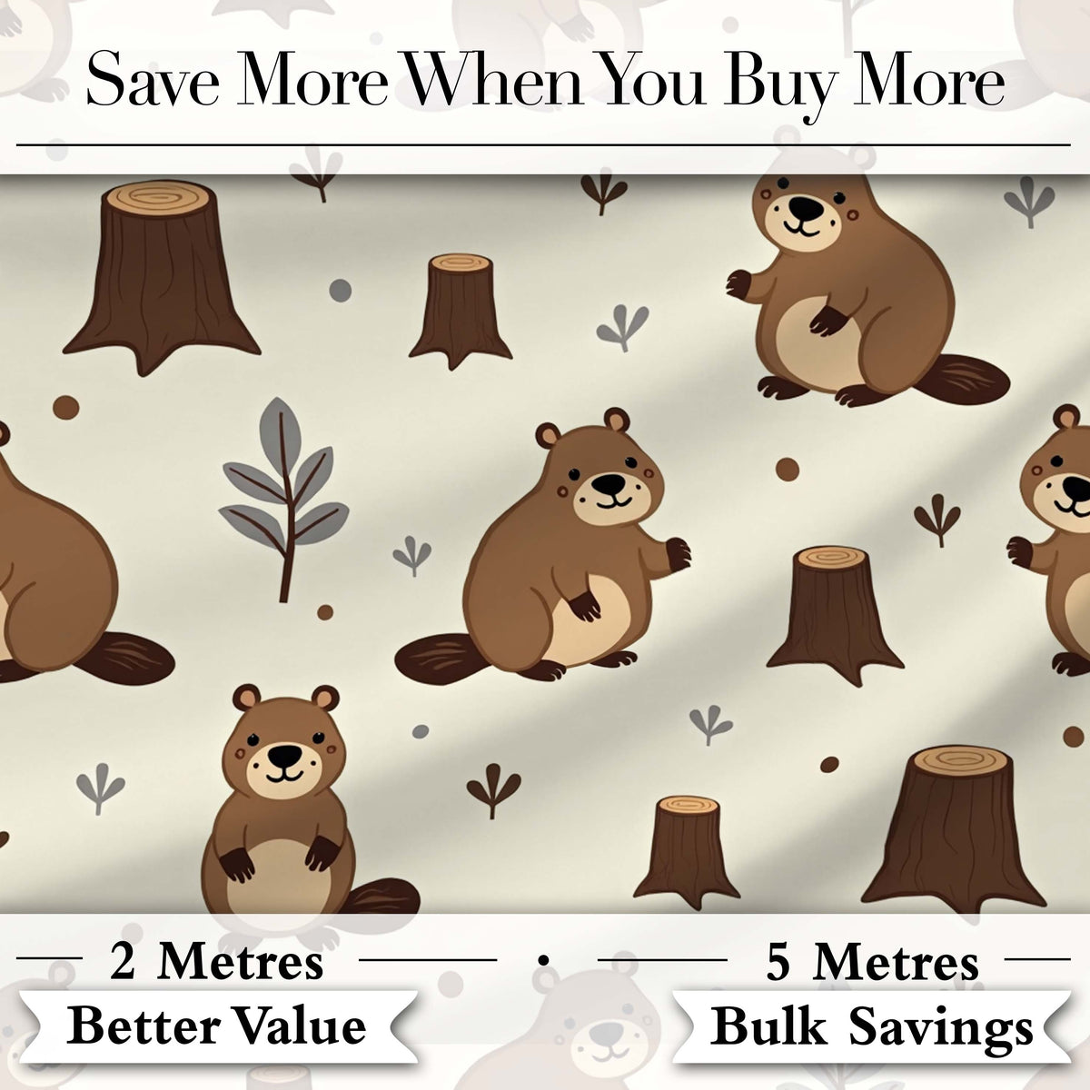 Cute Beavers Forest Trees Woodland Animals Seamless Pattern Digital Print Fabric by the Metre UK Sewing Quilting Textile