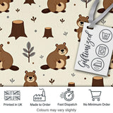 Cute Beavers Forest Trees Woodland Animals Seamless Pattern Digital Print Fabric by the Metre UK Sewing Quilting Textile