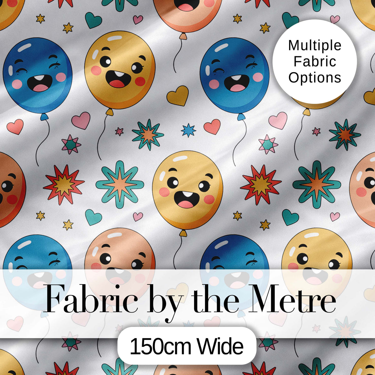Cute Smiling Balloons Hearts and Stars Fun Party Seamless Pattern Digital Print Fabric by the Metre UK Sewing Quilting Textile