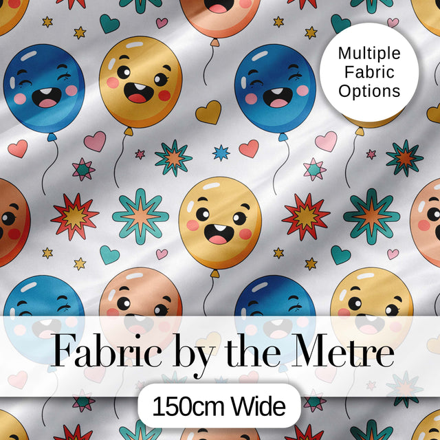 Cute Smiling Balloons Hearts and Stars Fun Party Seamless Pattern Digital Print Fabric by the Metre UK Sewing Quilting Textile